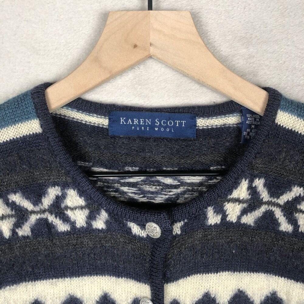 VTG KAREN SCOTT 100% Wool Cardigan Women's Sz M Black Blue Metal Button Sweater - Picture 3 of 13
